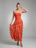Solid Spliced Ruffles Elegant Dresses For Women Strapless High Wasit Backless Loose Dress Female Fashion