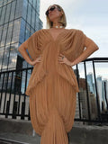 Sexy V Neck Tiered Folds Design Long Dress Women Sleeveless Multi-Layered Draped Temperament Dresses Evening Party Gowns