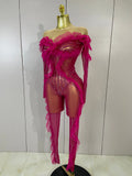 Women Celebrity Evening Party Bar Nightclub Dancer Sexy Stage Costumes Sparkly Rhinestone Long Sleeves Mesh See Through Jumpsuit