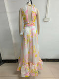 Halter Deep V Maxi Dress for Women Tie back Backless Asymmetrical Ruffle Floral Print Ruched Waist Split for Beach Vacation