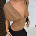 Sexy Deep V-Neck High-Waisted Spliced T-Shirt Women Fashion Solid Waist Shaping Short Sleeves Top Summer Street T-Shirt