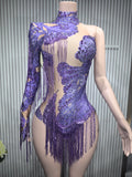 Sexy Skinny Leotard Singer Dancer Show StageWear Sparkly Blue Rhinestones Women DanceCostume Fringes One Shoulder Bodysuit  7G