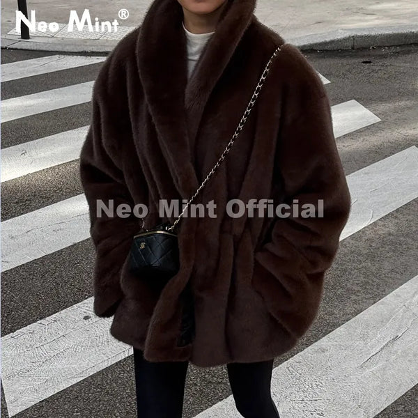 Trendy 2026 Winter Women Brand Faux Mink Fur Peplum Jacket Chic Street Fashion Girls Warm Drawstring Waist Eco Fur Coat