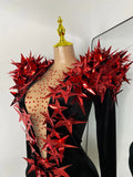Women Sexy Sparkly Crystals 3D Sequined Stars Velvet Long Sleeve Bodysuit Nightclub Performance Dance Costume Singer Stage Wear