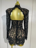 Sexy Black Lace High Neck Hollow Out Design Bodycon Mini Dress Women Long Sleeve Evening Party Club Bar Cocktail Celebrity Gowns