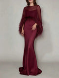 Formal Feather Cape Sleeve Maxi Dress for Women O Neck Spaghetti Strap Floor Length Long Evening Prom Cocktail Party Gown