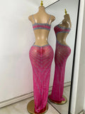 Sparkly Rhinestones Women Sexy Hollow Out High Split Elegant Bodycon Long Outfit Birthday Dress Stage Wear Performance Costume