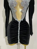 Sparkly Crystals Sexy Mesh Black Velvet Short Dress Women Elegant Evening Prom Luxury Birthday Party Dresses Stage Costume