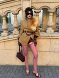 Camel Plaid Wool Blend Blazer Women Belted Waist Faux Fur Collar Vintage Shoulder Pads Coats Elegant Winter Outerwear Jackets