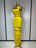 Women Sleeveless Sexy Square Collar Tassel Bodycon Bandage Dress Celebrity Elegant Evening Party High Quality Birthday Dress