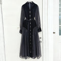 Elegant Patchwork Beading Formal Party Dresses for Women O Neck Long Sleeve Spliced Sheer Mesh Midi Dress Female Clothing