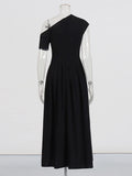 Solid Slimming Temperament Dresses for Women Diagonal Neck Short Sleeves Patchwork Ruffles Fold Dress Female New