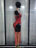 Heavy Red Sparkly Crystal one shoulder Split Dress Sexy mesh see Transparent Birthday party latin outfit Celebrate show Designer