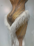 Women Sexy Strapless Sparkly Diamonds Tassel Mesh See Through Dress Celebrate Birthday Evening Party Nightclub Stage Costume