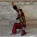 Women Retro Floral Print Tweed Jacket Fur Collar Cuff Patchwork Single Breasted Short Coat 2026 Fashion Autumn Casaul Outerwear