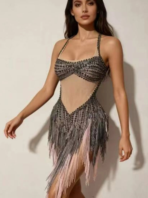 Singer Stage Nightclub Outfit Sexy Chic Gray Pink Glittering Beaded Fringed Halter Dress Performance Costume Dance Party