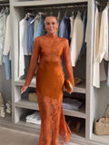 Women Sheer Lace Satin Mermaid Maxi Gown High Neck Long Sleeve Cutout Back Slim Fit Robe Formal Wedding Party 2026New Hot Gowns