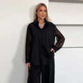 Office Spliced Back Sheer Hollow Blouse for Women Lapel Long Sleeve Patchwork Single Breasted Shirt Female 2026 New