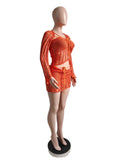 Glitter Sequins Knitted Skirt Sets Women 3 Piece Outfit Vacation Festival Clothing Sheer Top and Mini Skirt Matching Sets