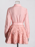 Solid Loose Two Piece Set For Women Lapel Long Sleeve Top High Waist Embroidery A Line Skirt Elegant Sets Female