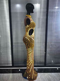 Gold Luxury Long Dress Rhinestones Women Singer Mirror for Celebrity Evening Party Catwalk Prom Outfit Stage Photo Shoot Dresses