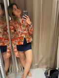 Women Floral Jacquard Contrasting Trim Blazer Lapel Collar Waist-cinching Single-breasted Jacket Autumn Lady Chic Coats 2026 New