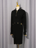 Fashion Spliced Metal Pin Two Piece Set for Women Stand Collar Long Sleeve Pullvers Mid Waist Bodycon Knee Skirt Suit Female