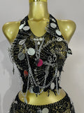 Sexy Evening Party Nightclub Performance Costume Women Birthday Mesh See-Through Pin Decoration Chain Short Dress Two-Piece Set