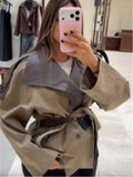 Grey Contrast Cropped Trench Coat Women Lapel Double Breasted Jacket Lady Autumn Winter Daily Lady Streetwear Outerwear 2026 New