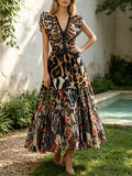Bohemian Deep V Neck Ruffle Sleeve Maxi Dress Women Leopard Tropical Animal Floral Print Smocked Waist for Vacation Daily