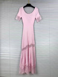 Romantic Dates Brown Ribbed Knit Mermaid Dresses for Women U Neck Short Sleeve Lace Trimmed Midi Skirt for Office Commute
