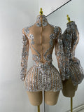 Sparkly Sequins  Gold Silver Mini Dress Women Sexy Split Nightclub Party Performance Dresses Birthday Celerbity Stage Outfit