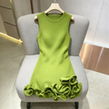 Sleeveless Crew Neck Knit Mini Dress for Women Solid Color 3D Layered Ruffle Trim Bodycon for Club Cocktail Night Out Party