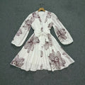 Casual V Neck Floral Embroidery Puff Long Sleeves Mini Dress for Women Lace Trim Button Front Dresses for Summer Vacation