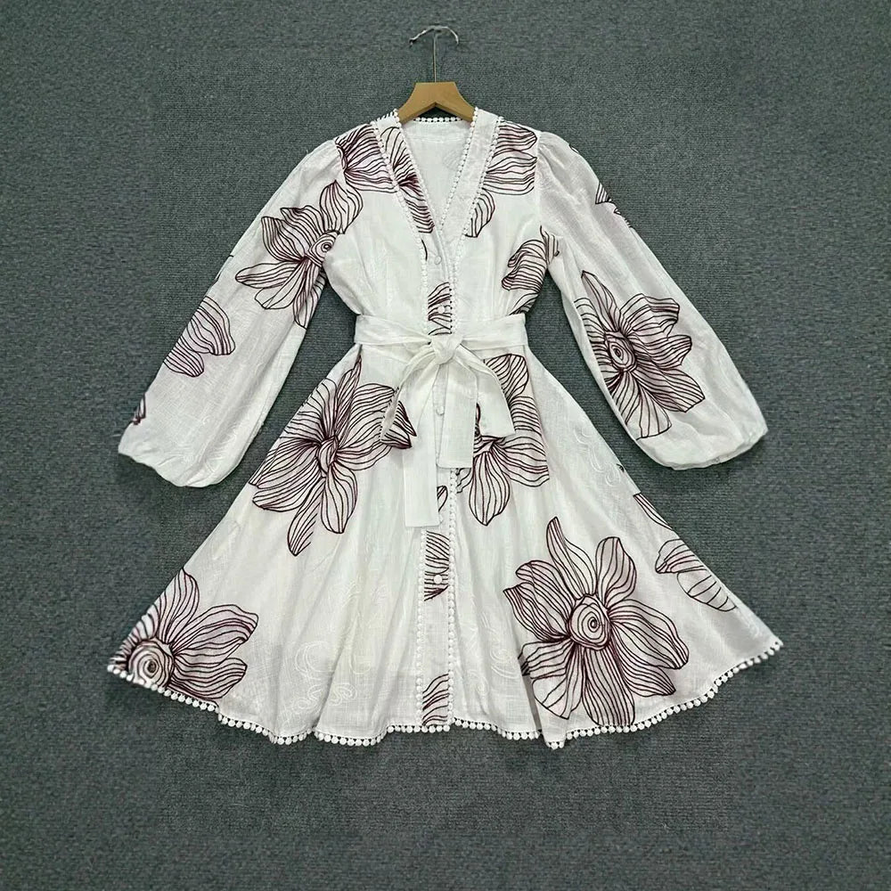 Casual V Neck Floral Embroidery Puff Long Sleeves Mini Dress for Women Lace Trim Button Front Dresses for Summer Vacation