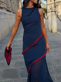 Elegant Spliced Sheer Mesh Dress for Women O Neck Sleeveless High Waist Hit Color Slimming Evening Dresses Female