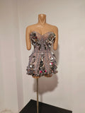 Women Strapless Silver Big Sequins Rhinestone Mini Dress Luxury Bodycon Short Gown Outfit BirthdayParty Cocktail Evening Dress