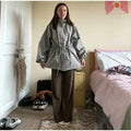 Gingham Plaid Hooded Windbreaker Jacket Drawstring Waist Loose  Outerwear 2026 Spring Autumn Lady Retro Outdoor Casual Jacket