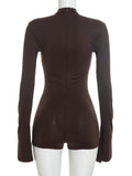 Weird Puss Hollow Playsuit Women Puff Sleeve o-Neck Skinny Solid High Elasticity Simple Classic Sexy Midnight Fashion Romper