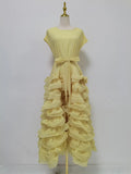 Elegant Spliced Tiered Ruffles Dress for Women O Neck Sleeveless Patchwork Lace Up Slim Formal Evening Puff Dresses Female