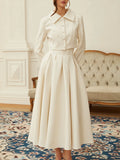 Elegant Bridesmaids White Two Piece Set for Women Lapel Pearl Accent Crop Jacket A Line Midi Skirts Suit for Formal Events