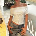 Women Summer Top Fashion Button-Front Patchwork V-Neck Pleated Fitted Top New Casual High-Street Party Female T-Shirts