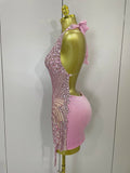Sexy Sparkly Rhinestones Halter Backless Mesh Velour Short Dress Women Evening Prom Celebrate Birthday Party Stage Wear