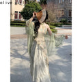 Olive Girl Flowing Sleeve Qipao for Ren Faire 2026 Garden Wedding Fairycore Photoshoot Everyday Wear S-XXL XS-3XL Plus Size Flowing Sleeve Romantic Cottagecore Garden Party Editorial Not Costume Qipao Cheongsam Chinese Dress Chinese Heritage Fashion Women