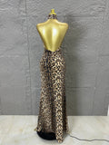 Refined Leopard Print Maxi Dress Women Sexy Halter Neck Sleeveless Sequin Embellished Bodycon Outfit Nightclub Party Costume