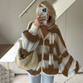 Fashion Striped Sweater Cardigan With Scarf Female Loose Thin Hollow Knitted Top Lantern Sleeve Contrast Color Retro Top