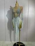 Sexy Sparkly Rhinestone Tassel Long Sleeves Mesh See Through Mini Dress 2026 Women Latin Dance Nightclub Party Club Stage Wear