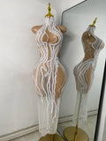 Luxury Sparkly Sequins Pearls Flashing Women Sexy White Long Elegant Celebrity Birthday Dress Cocktail Vestidos Prom Gowns