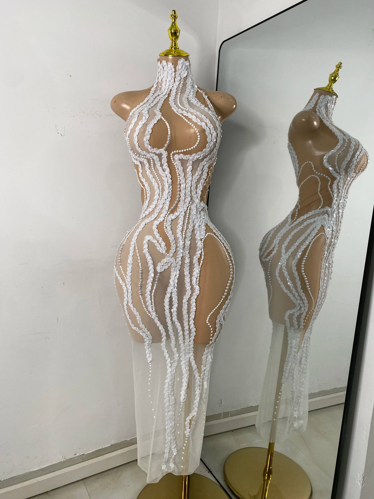 Luxury Sparkly Sequins Pearls Flashing Women Sexy White Long Elegant Celebrity Birthday Dress Cocktail Vestidos Prom Gowns