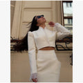 White Ruffle Stand Collar Peplum Skirt Set Romantic High Neck Long Sleeve Slim Co-ord 2026 Spring Wedding Dating Party Outfit